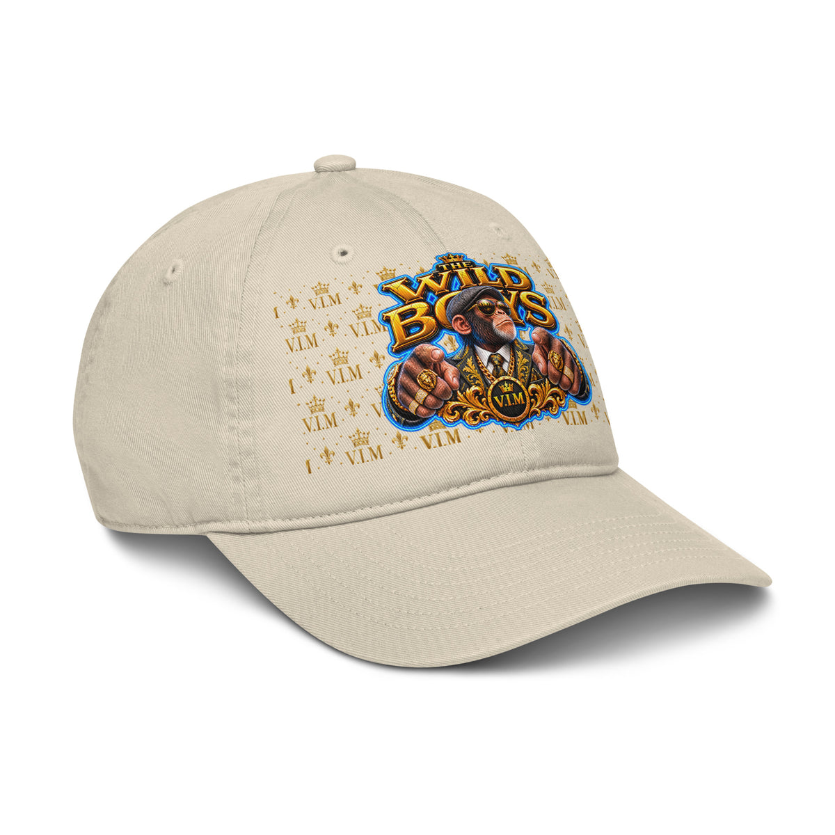Oyster beige Wild Boys Chimp dad hat with a suited chimp and gold-and-blue lettering, angled front view, peak pointing right