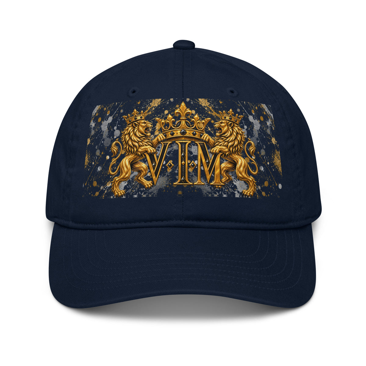 VIM Family Pride Organic Dad Hat for Dads with gold crest and lion design on navy blue fabric, adjustable strap, premium