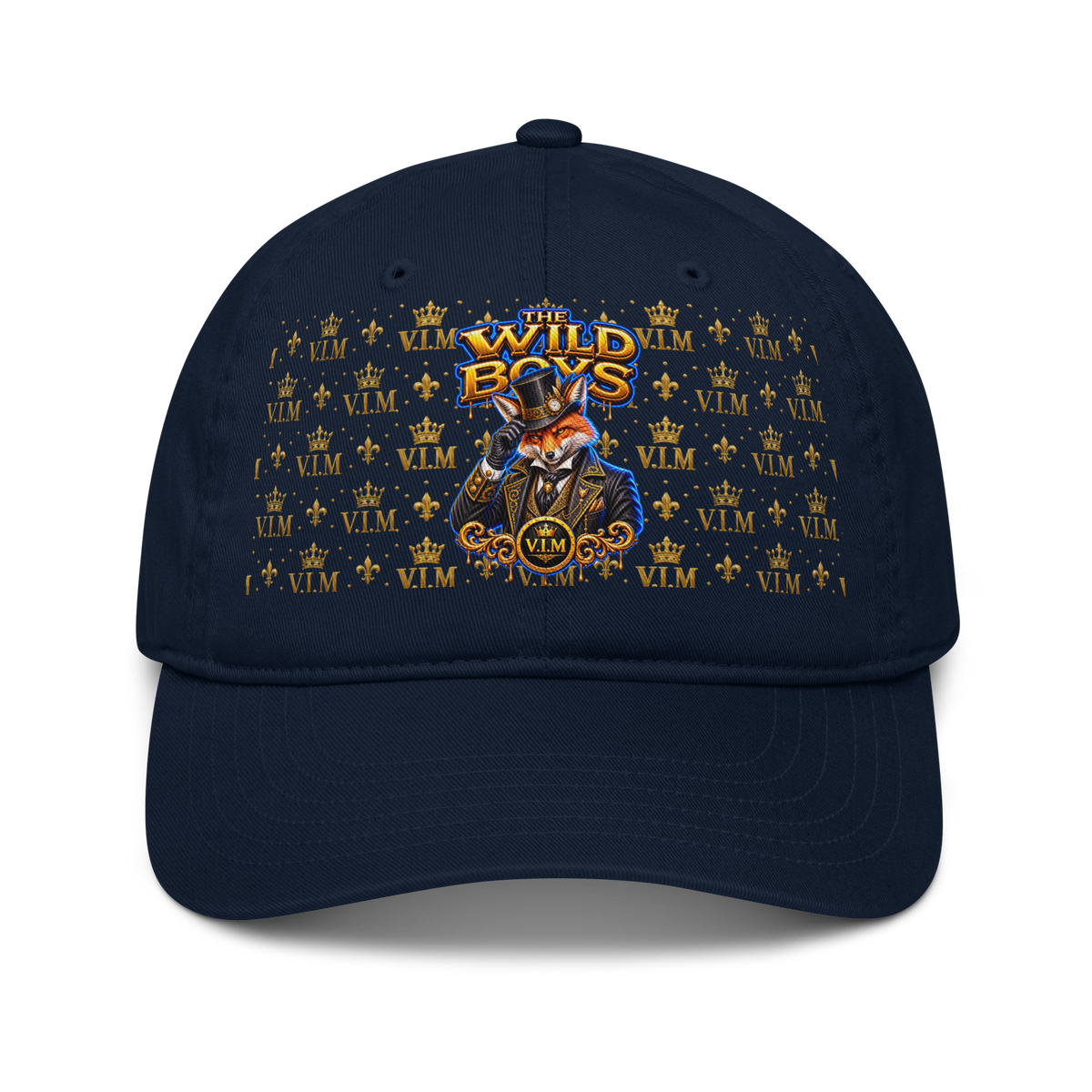 Organic Dad Hat By VIM Wild Boys Canine Edition in navy blue with embroidered colorful logo and gold crown pattern, made of