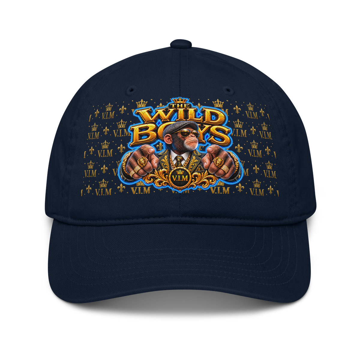 VIM Chimp Theme Dad Hat made of organic cotton, unstructured six-panel cap in navy blue with colorful graphic design for