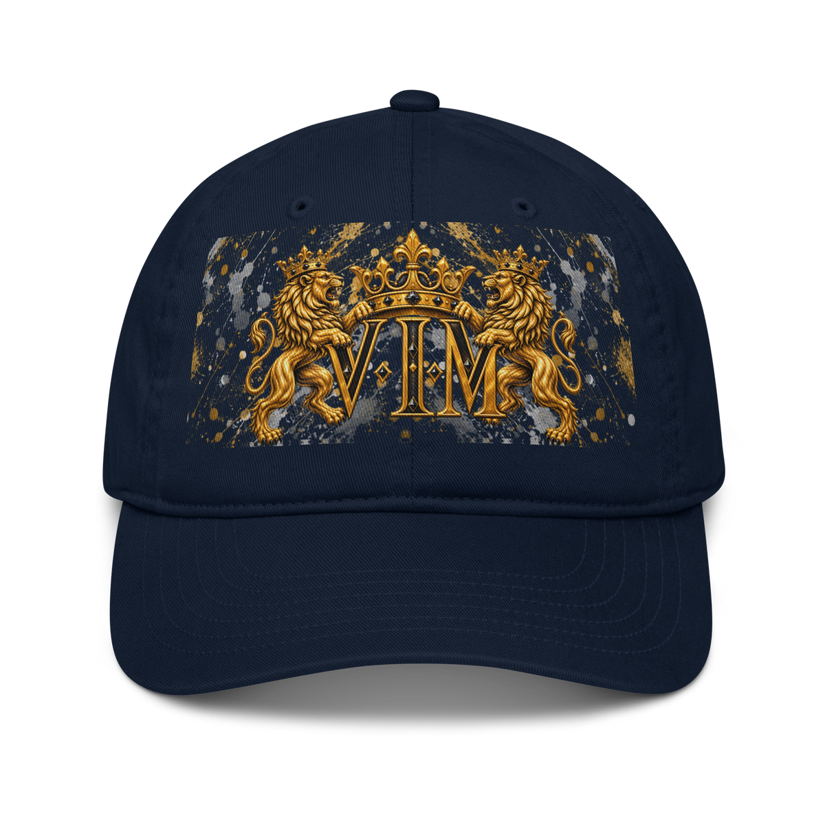 Pacific navy Family Pride dad hat with twin gold lions, crown and VIM lettering, front view