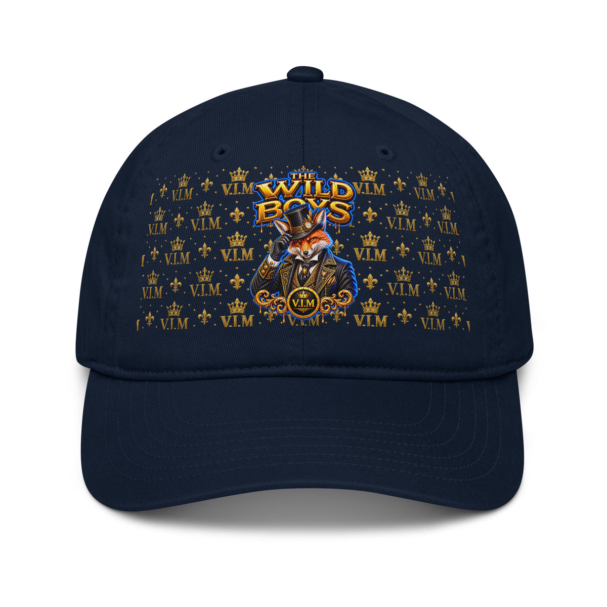 Pacific navy Wild Boys Fox dad hat with orange fox, gold-and-blue lettering and gold V.I.M motifs, front view