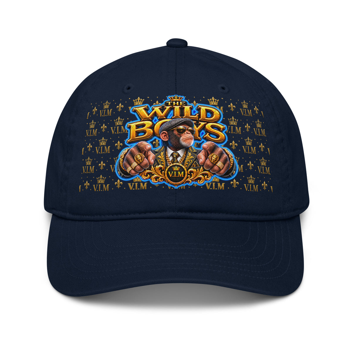 Pacific navy Wild Boys Chimp dad hat with a suited chimp, gold-and-blue lettering and gold V.I.M motifs, front view