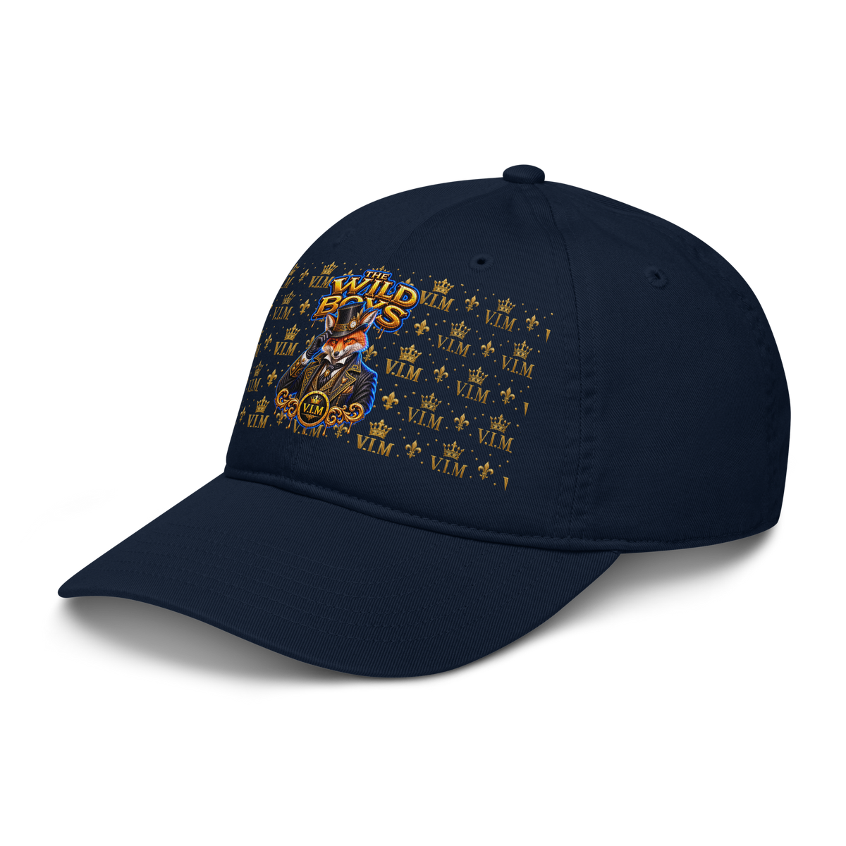 Organic Dad Hat By VIM Wild Boys Canine Edition in navy blue with embroidered graphic of a fox wearing a crown and the text