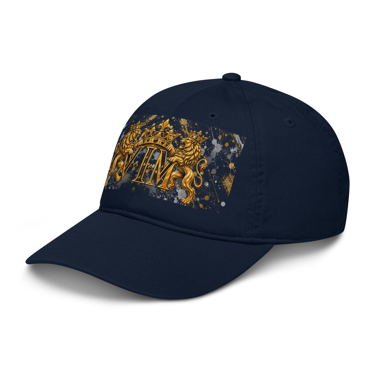 Velvet Ink Market Family Pride Twin Lion Crest Dad Hat in Pacific, left front view featuring twin gold lions and a crowned VIM crest.