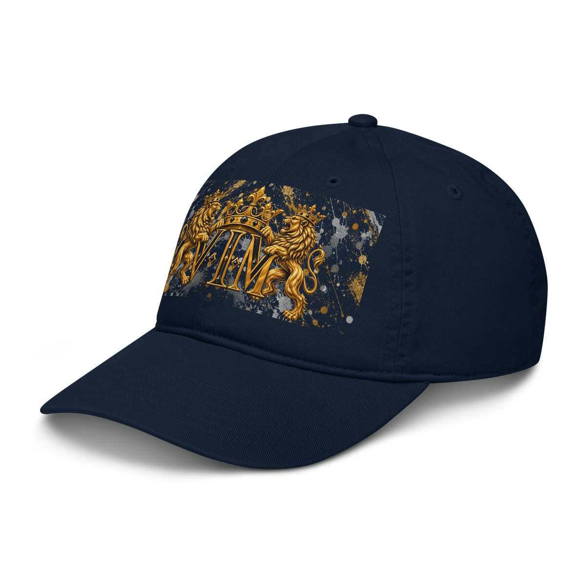 Pacific navy Family Pride dad hat with twin gold lions and crowned VIM crest, angled front view, peak pointing left