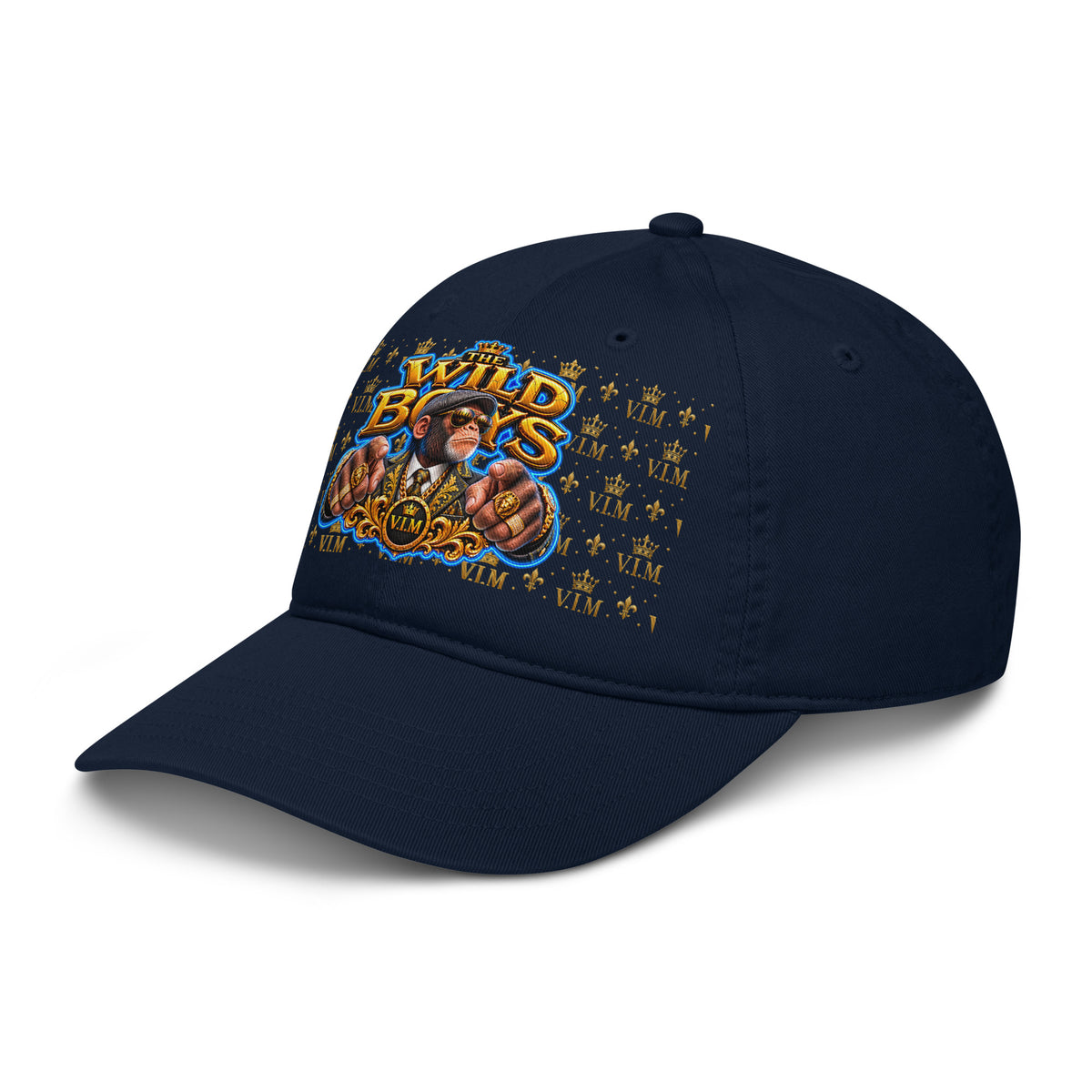 Pacific navy Wild Boys Chimp dad hat with a suited chimp and gold-and-blue lettering, angled front view, peak pointing left