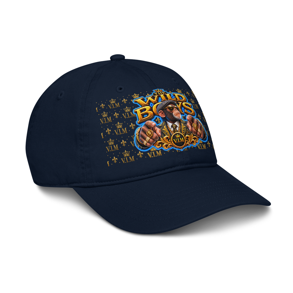 VIM Chimp Theme Dad Hat made of organic cotton, unstructured six-panel cap in navy blue with colorful graphic design for