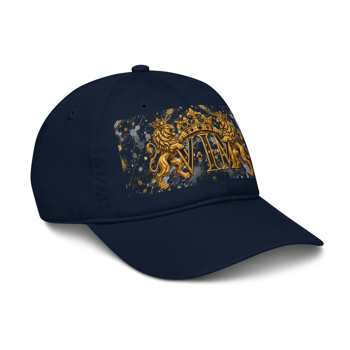 Pacific navy Family Pride dad hat with twin gold lions and crowned VIM crest, angled front view, peak pointing right
