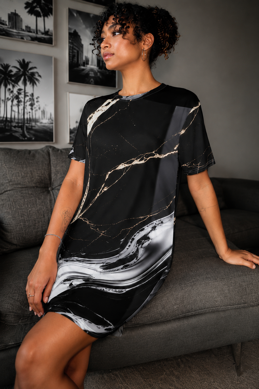 V.I.M Obsidian Shadow and Gold Marble T-Shirt Dress - Velvet Ink Market (V.I.M)