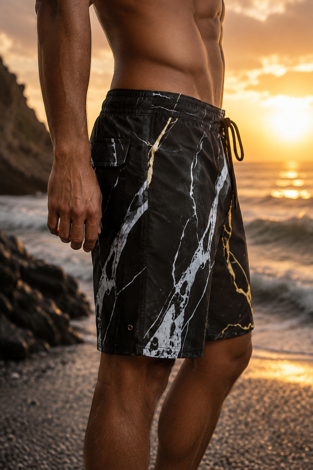 Board shorts, unisex VIM Shadow and Gold, black marble pattern, quick-dry polyester-spandex.