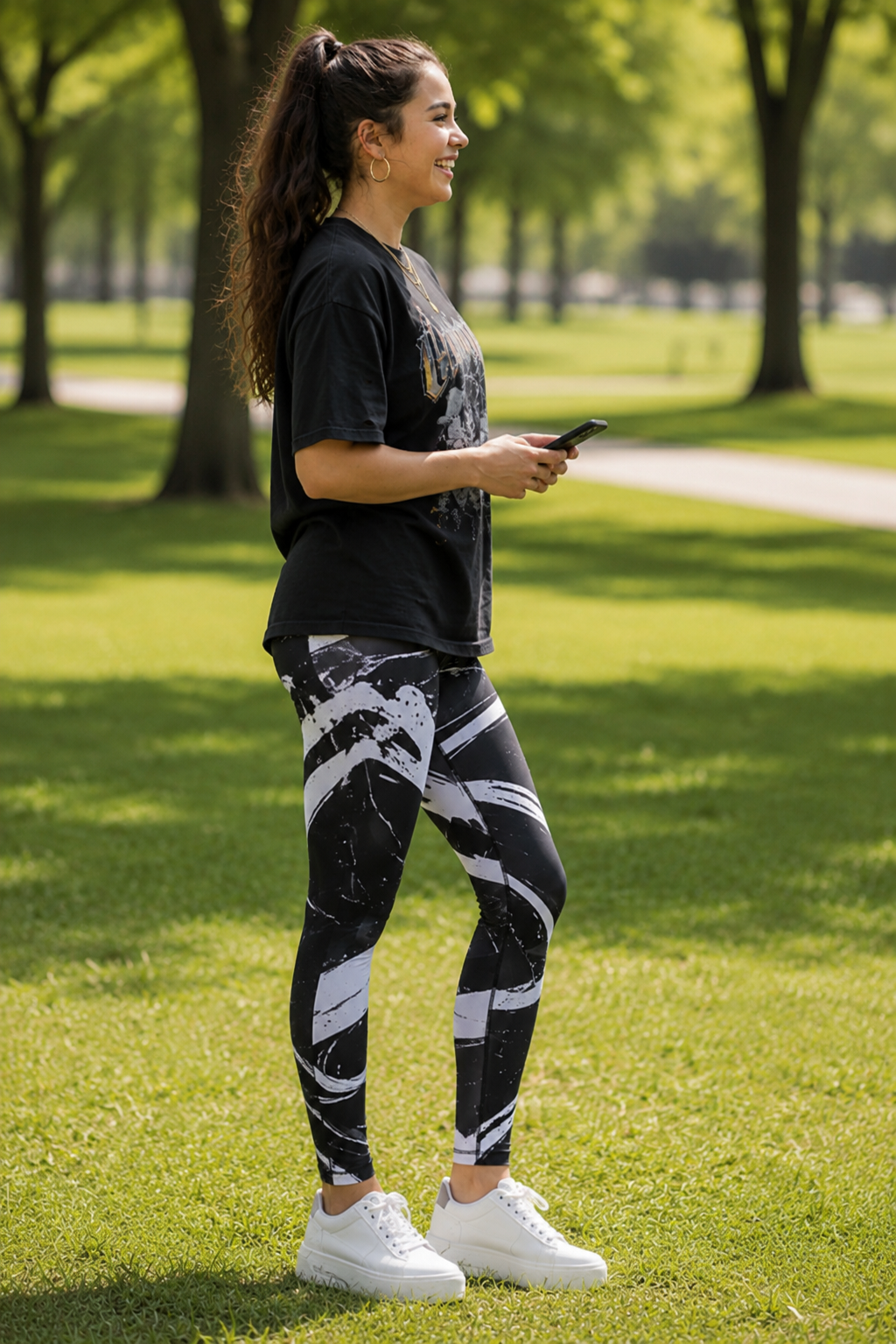 Youth leggings in Obsidian Shadow print by Printful; black and white abstract pattern with UPF 50+, recycled fabric.