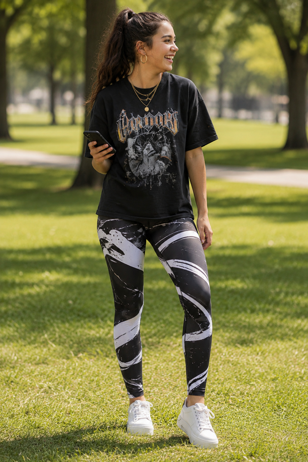 Youth leggings for active kids in Obsidian Shadow print with UPF 50+ and four-way stretch recycled fabric