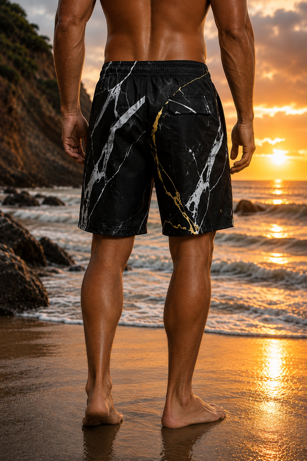VIM Shadow and Gold board shorts for adults, black with white and gold marble pattern, quick-dry polyester-spandex.