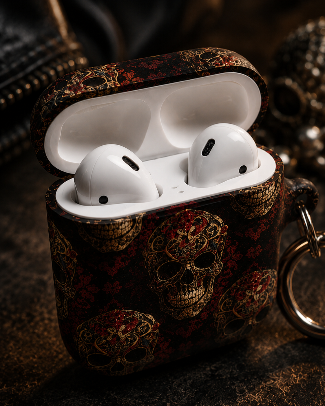 V.I.M Tribal Skull AirPods case with premium impact-resistant polycarbonate shell and metal carabiner, compatible with AirPods 1-3 and AirPods Pro 1-2, featuring dark fantasy print and wireless charging.