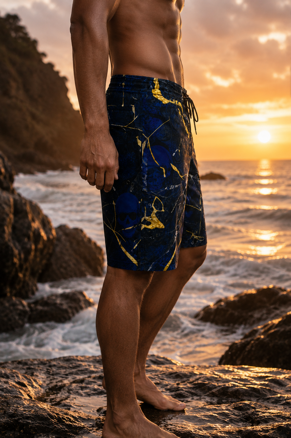V.I.M Gold Marble Skull Board Shorts; dark blue, gold marble skull print, quick-dry drawstring waist