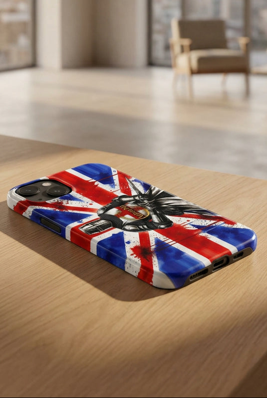 V.I.M Union Jack Knight snap case for iPhone 15 Plus, front view of the printed case.