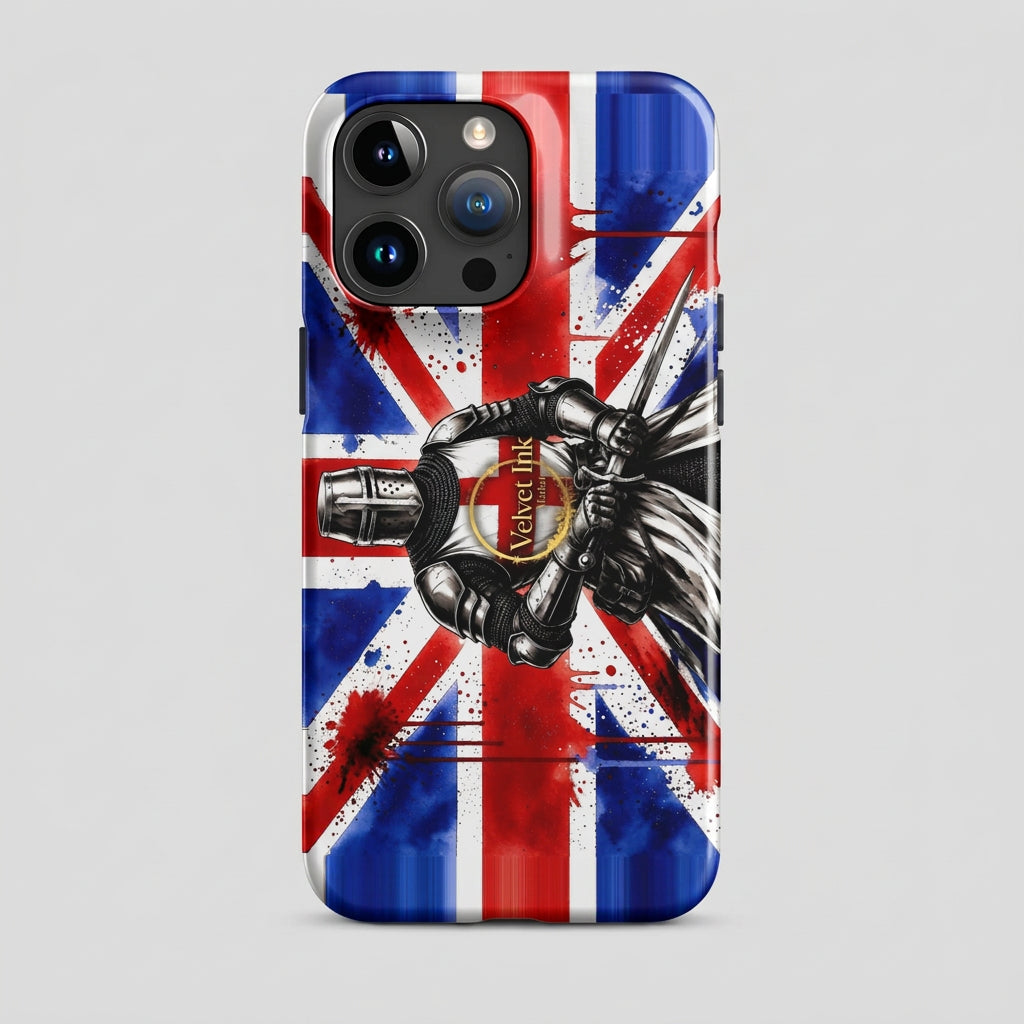 V.I.M Union Jack Knight snap case for iPhone 15 Pro Max, front view of the printed case.