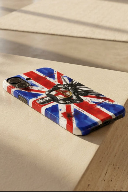 V.I.M Union Jack Knight snap case for iPhone 16 Plus, front view of the printed case.