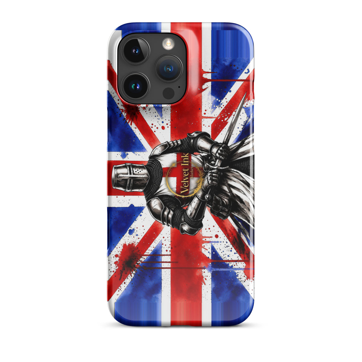 V.I.M Union Jack Knight snap case for iPhone 16 Pro Max, front view of the printed case.