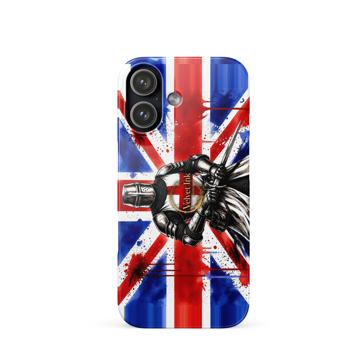 V.I.M Union Jack Knight snap case for iPhone 17, front view of the printed case.