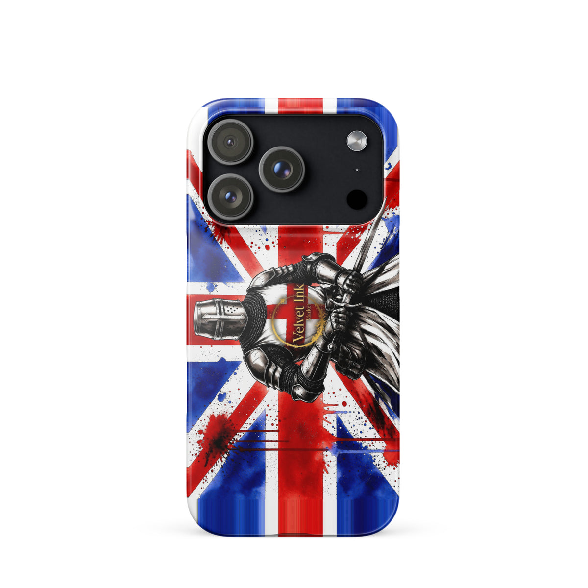 V.I.M Union Jack Knight snap case for iPhone 17 Pro, front view of the printed case.