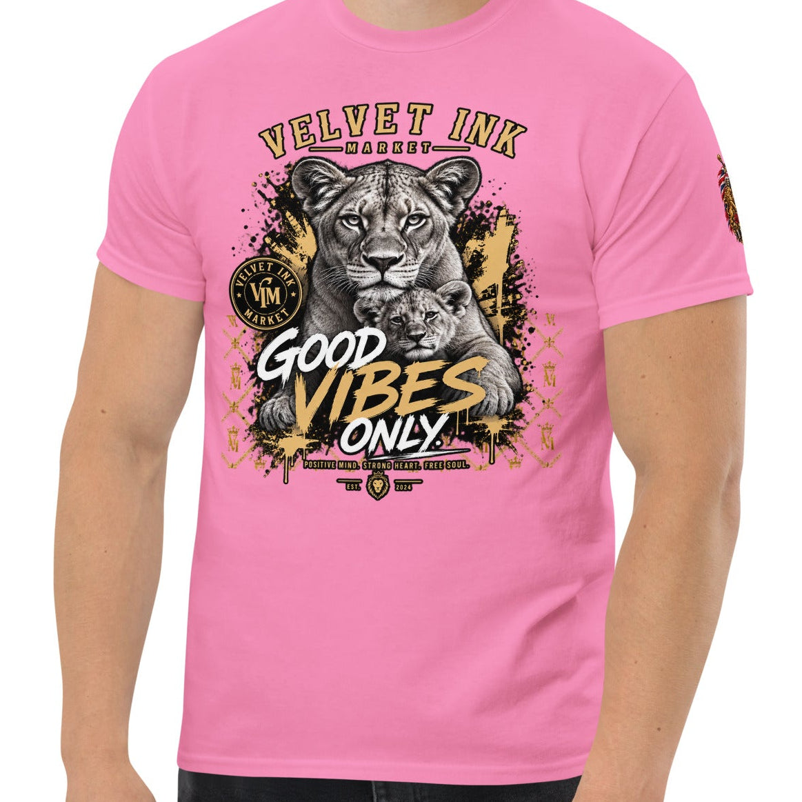 Velvet Ink Market Good Vibes Only Lion T-Shirt, front view featuring a lion graphic with Good Vibes Only lettering.