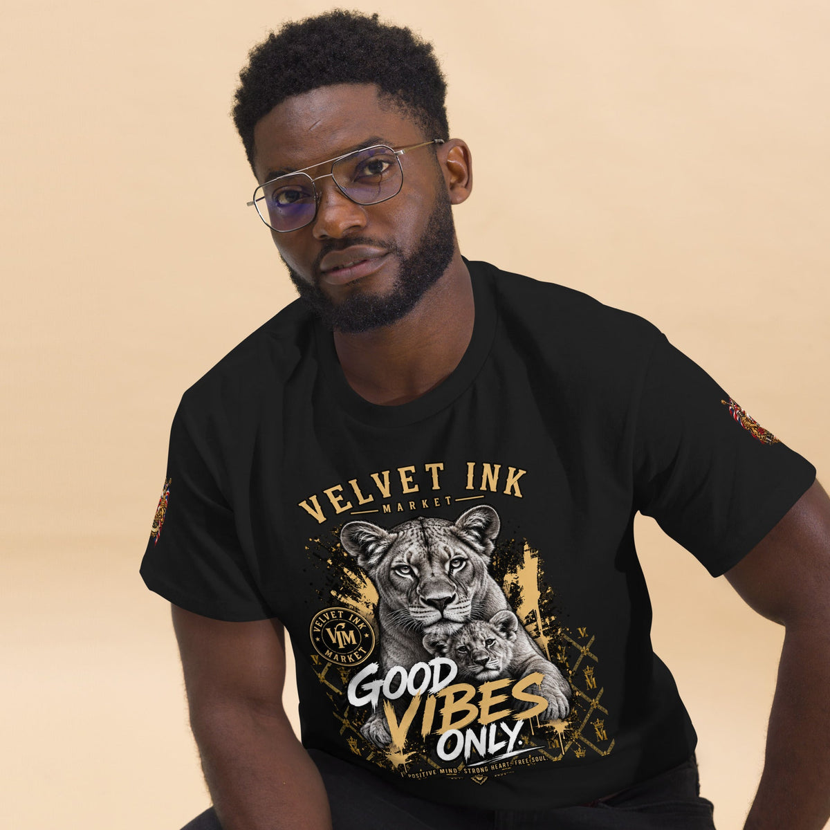 Velvet Ink Market Good Vibes Only Lion T-Shirt in black, front view featuring a lion graphic with Good Vibes Only lettering (additional photo 3).