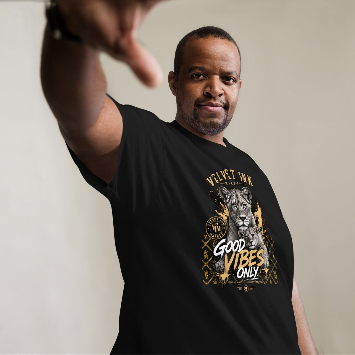 Velvet Ink Market Good Vibes Only Lion T-Shirt in black, front view featuring a lion graphic with Good Vibes Only lettering (additional photo 5).
