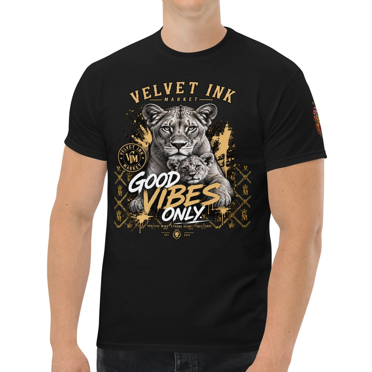Velvet Ink Market Good Vibes Only Lion T-Shirt in black, front view featuring a lion graphic with Good Vibes Only lettering.