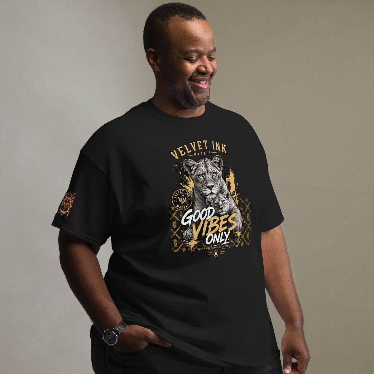 Velvet Ink Market Good Vibes Only Lion T-Shirt in black, front view featuring a lion graphic with Good Vibes Only lettering (additional photo 4).
