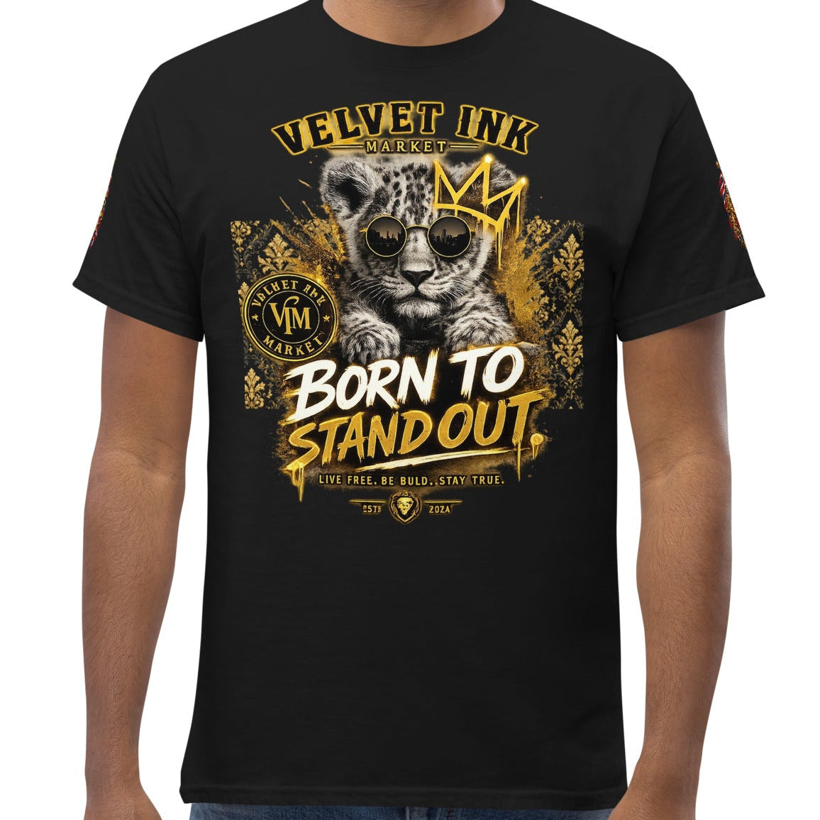 Velvet Ink Market Born To Stand Out Cub T-Shirt in black, front view featuring a lion cub and Born To Stand Out lettering.
