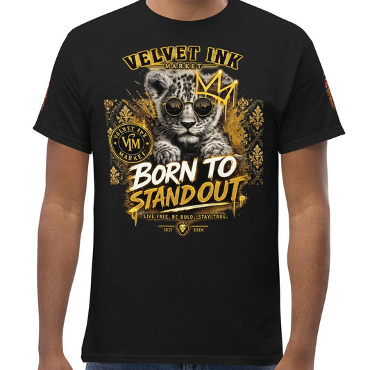 Velvet Ink Market Born To Stand Out Cub T-Shirt in black, front view featuring a lion cub and Born To Stand Out lettering.