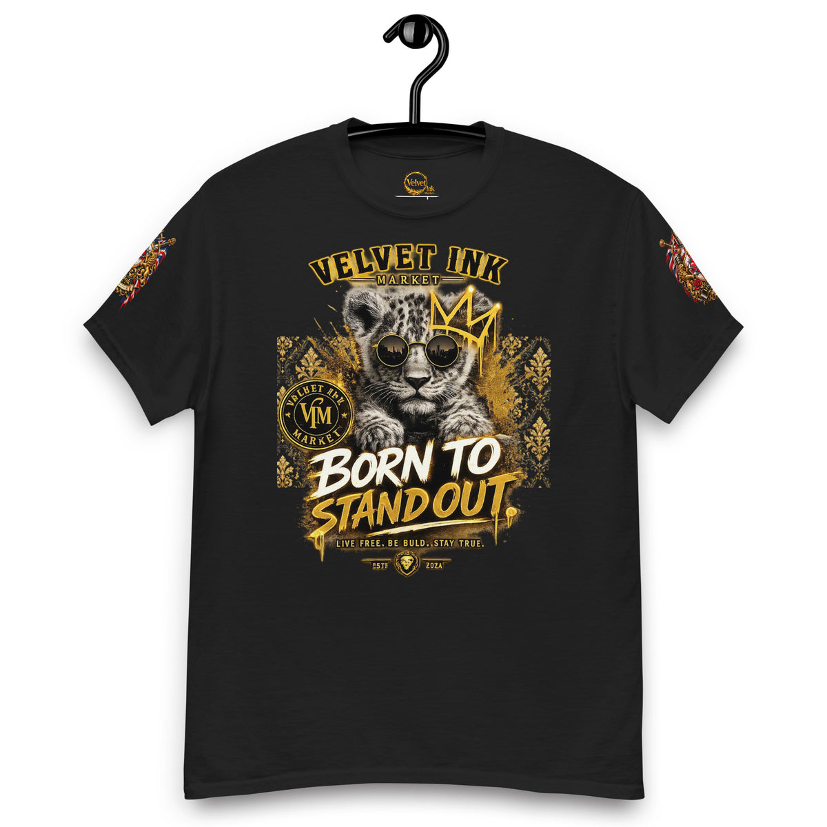 Velvet Ink Market Born To Stand Out Cub T-Shirt in black, front view featuring a lion cub and Born To Stand Out lettering (additional photo 4).