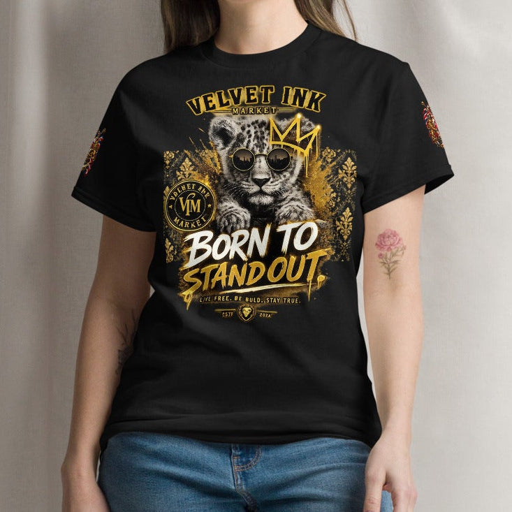 Velvet Ink Market Born To Stand Out Cub T-Shirt in black, front view featuring a lion cub and Born To Stand Out lettering (additional photo 3).