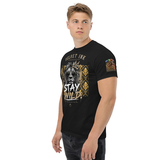 Velvet Ink Market Stay Wild Lion T-Shirt in black, left front view featuring a crowned lion in sunglasses with Stay Wild lettering.