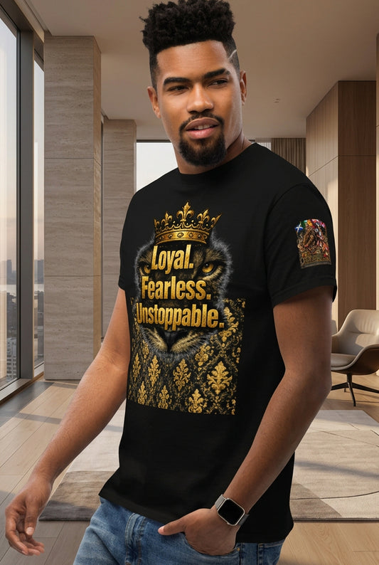 Velvet Ink Market Loyal Fearless Unstoppable Lion Tee in black, left front view featuring gold Loyal Fearless Unstoppable lettering and a feline face.