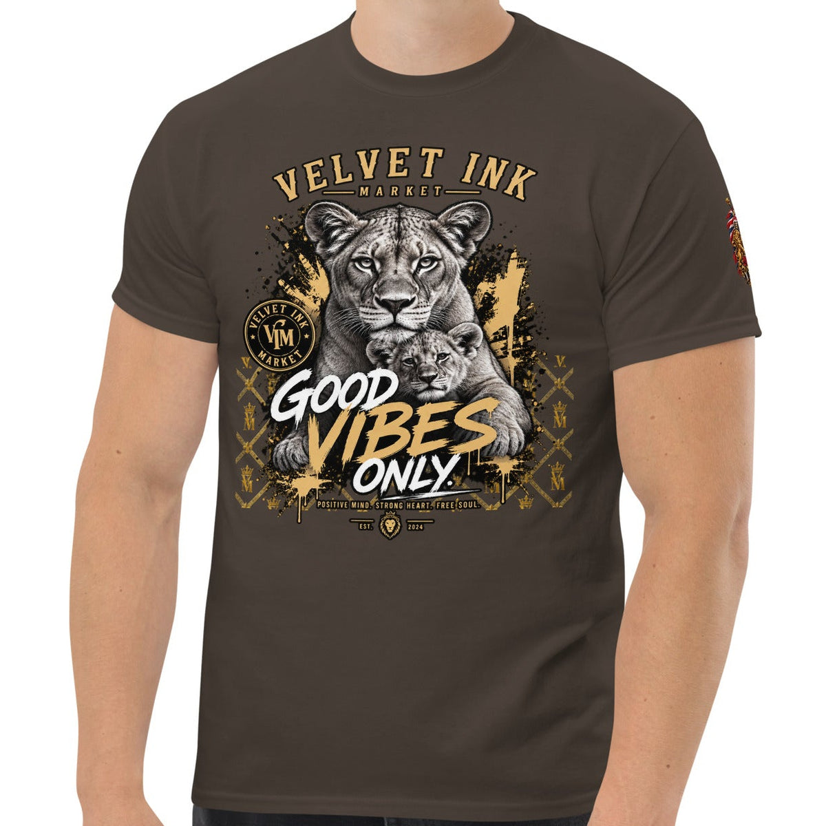 Velvet Ink Market Good Vibes Only Lion T-Shirt, front view featuring a lion graphic with Good Vibes Only lettering (additional photo 2).