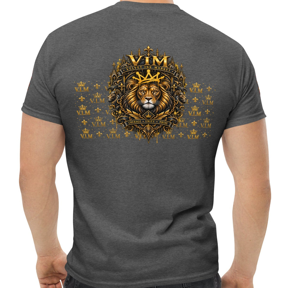 Velvet Ink Market Good Vibes Only Lion T-Shirt in dark heather, back view.