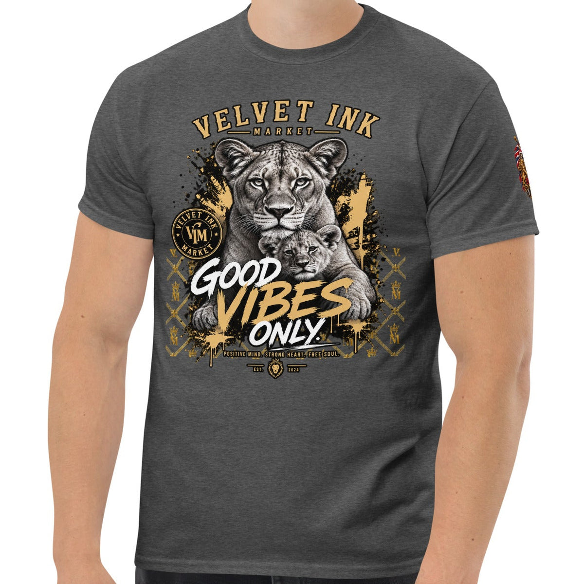 Velvet Ink Market Good Vibes Only Lion T-Shirt in dark heather, front view featuring a lion graphic with Good Vibes Only lettering.