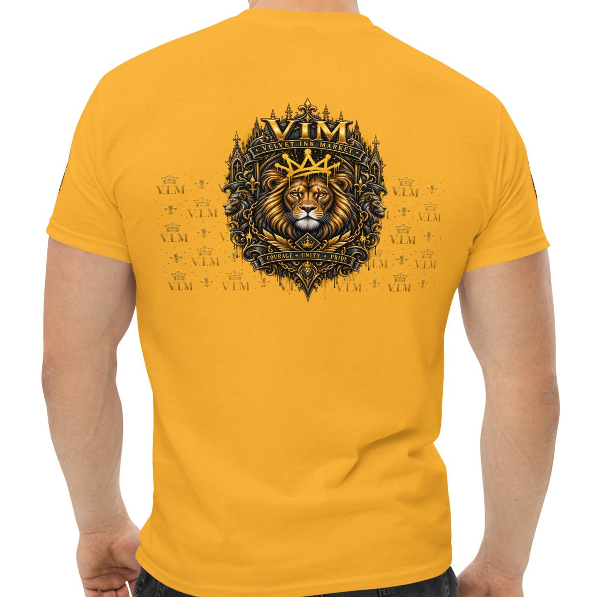 Velvet Ink Market Good Vibes Only Lion T-Shirt in gold, back view.