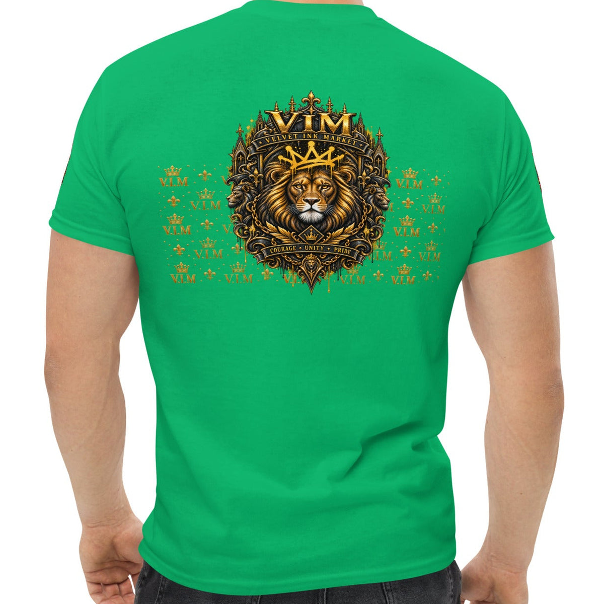 Velvet Ink Market Good Vibes Only Lion T-Shirt in green, back view.