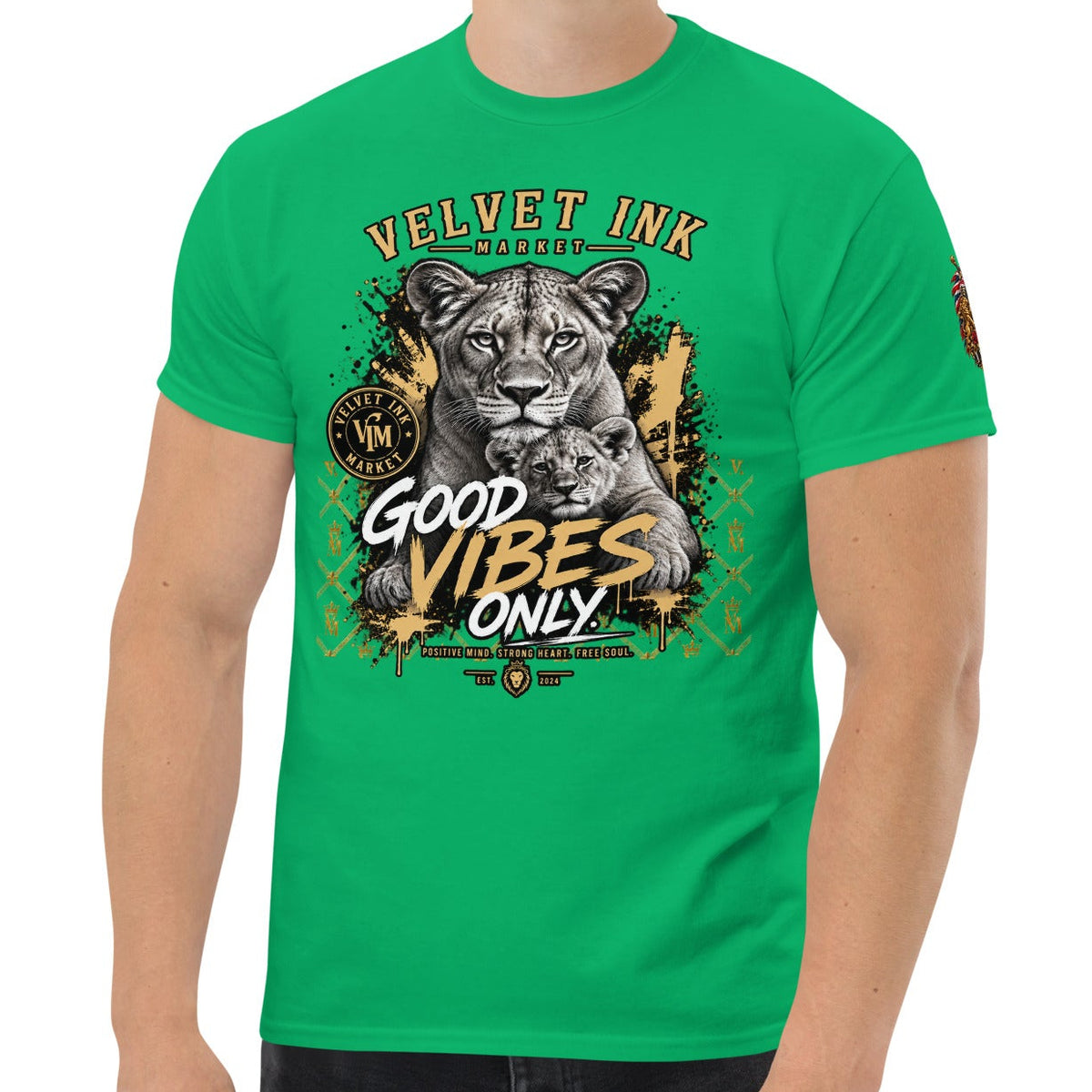 Velvet Ink Market Good Vibes Only Lion T-Shirt in green, front view featuring a lion graphic with Good Vibes Only lettering.