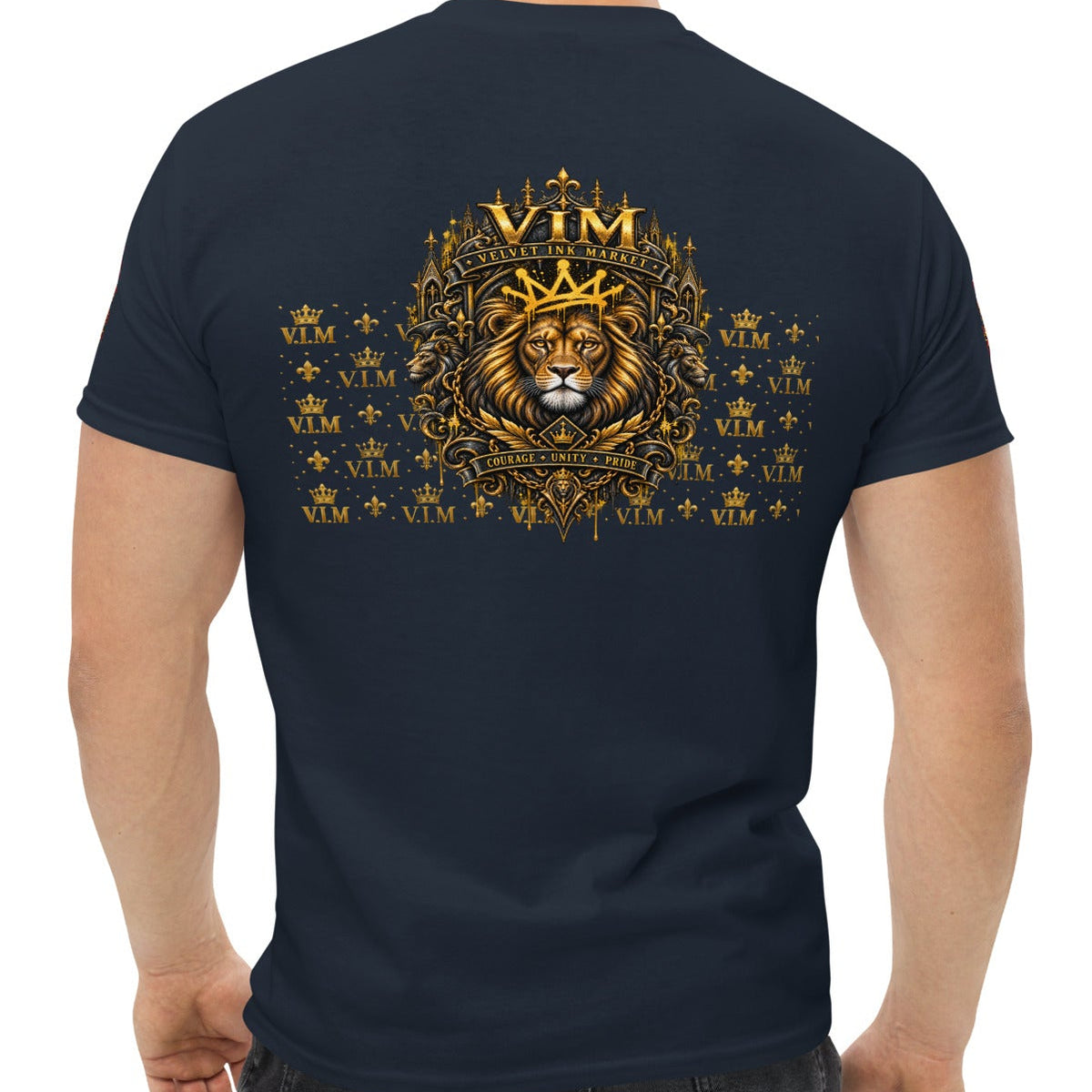 Velvet Ink Market Good Vibes Only Lion T-Shirt in navy, back view.