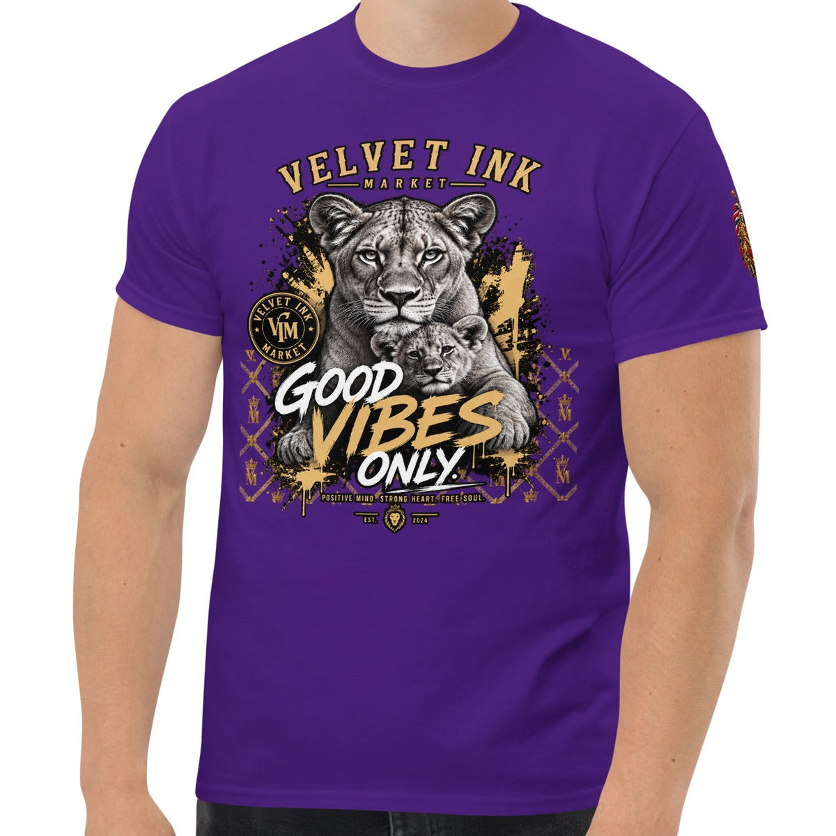 Velvet Ink Market Good Vibes Only Lion T-Shirt in purple, front view featuring a lion graphic with Good Vibes Only lettering.