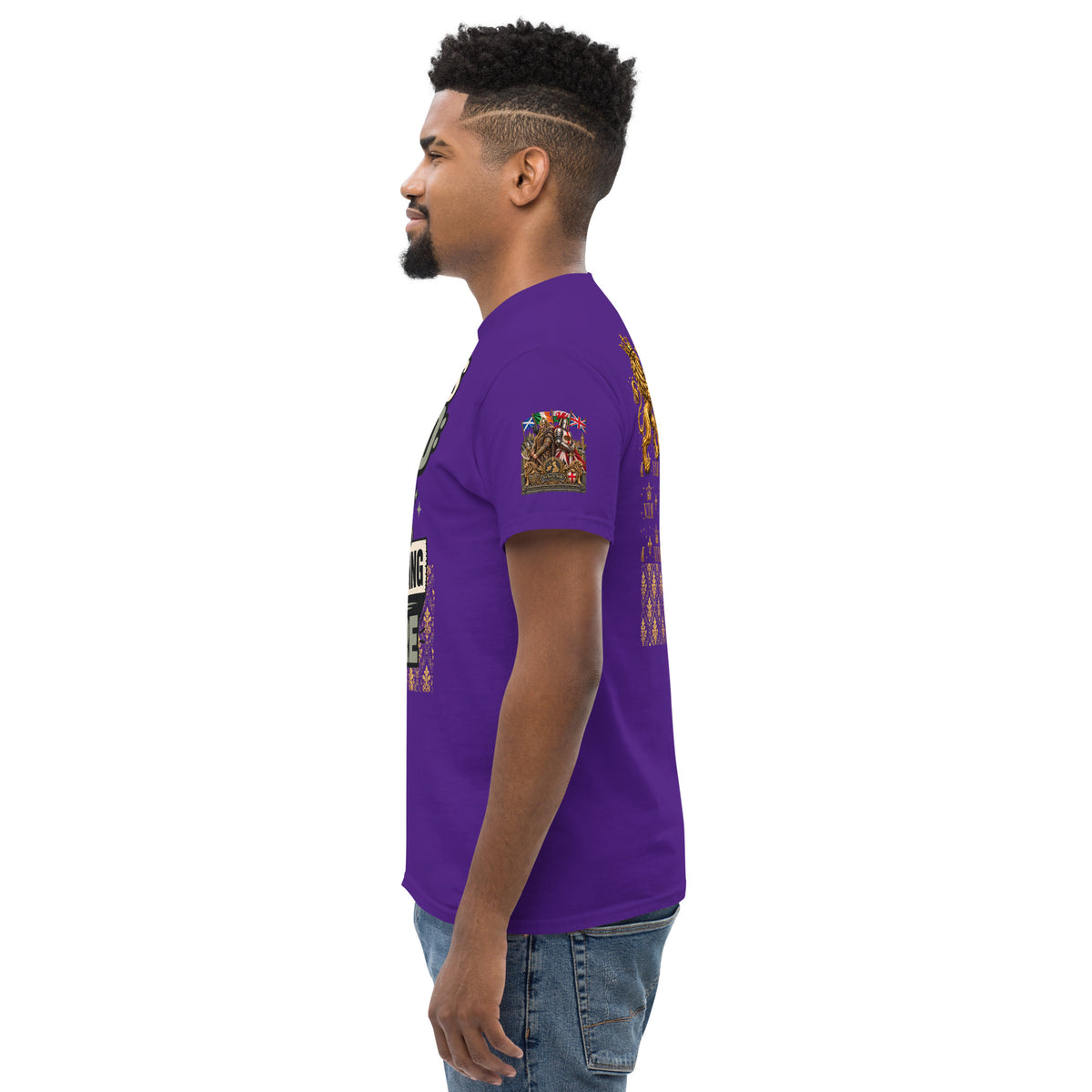 Velvet Ink Market Today's Mood Cat T-Shirt in purple, left view.