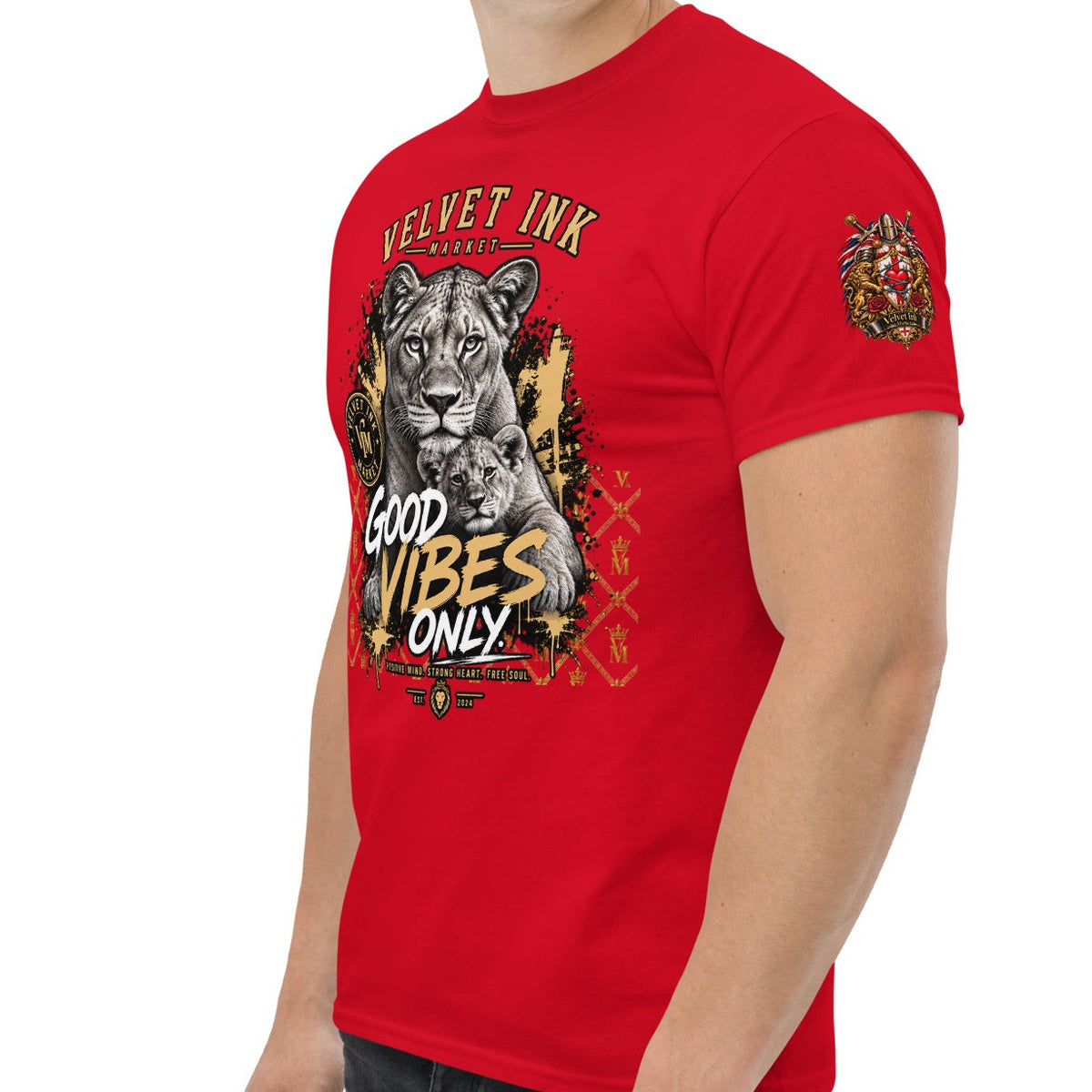Velvet Ink Market Good Vibes Only Lion T-Shirt in red, left front view featuring a lion graphic with Good Vibes Only lettering.