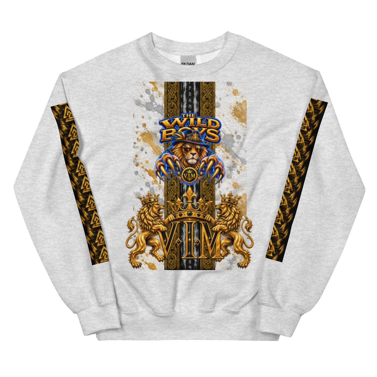 Ash crewneck sweatshirt with hat-wearing feline, Wild Boys blue and gold lettering, gold VIM crest and black and gold sleeve details