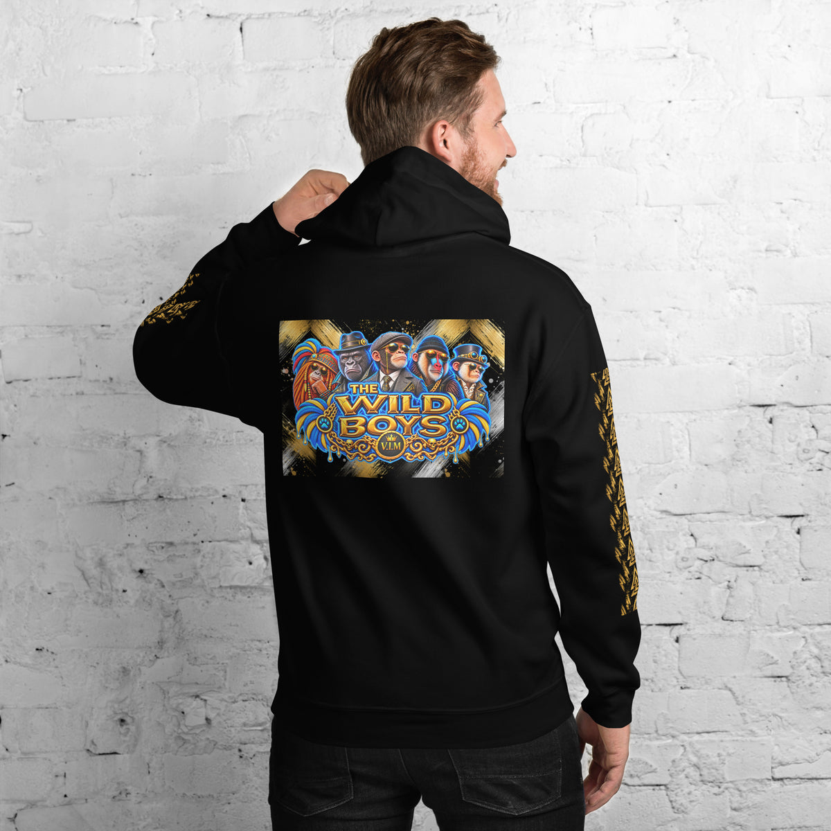 Black Wild Boys Primate hoodie with gold and multicolour Wild Boys back graphic, man modelling back view