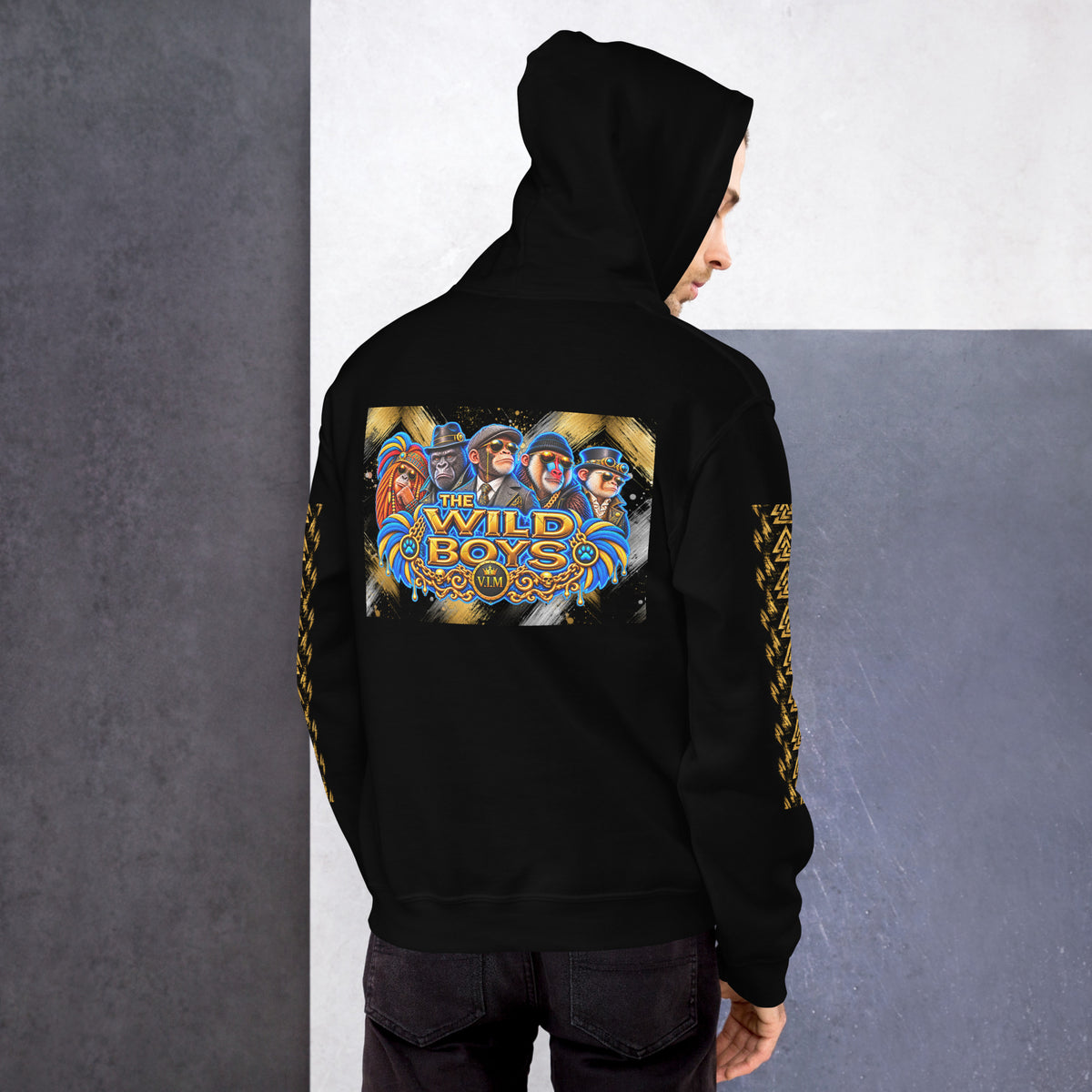 Black Wild Boys Primate hoodie with colourful Wild Boys back print and gold sleeves, hood-up model rear view